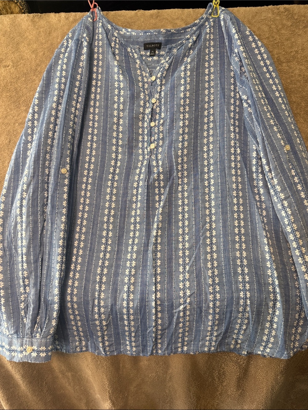 Talbots Blue and White Striped Floral Henley Blouse - Picture 1 of 3